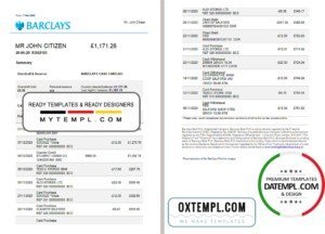 United Kingdom Barclays bank statement template in Excel and PDF format, version 3 (2 pages)