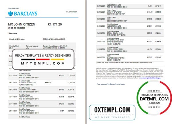 United Kingdom Barclays bank statement template in Excel and PDF format, version 3 (2 pages)