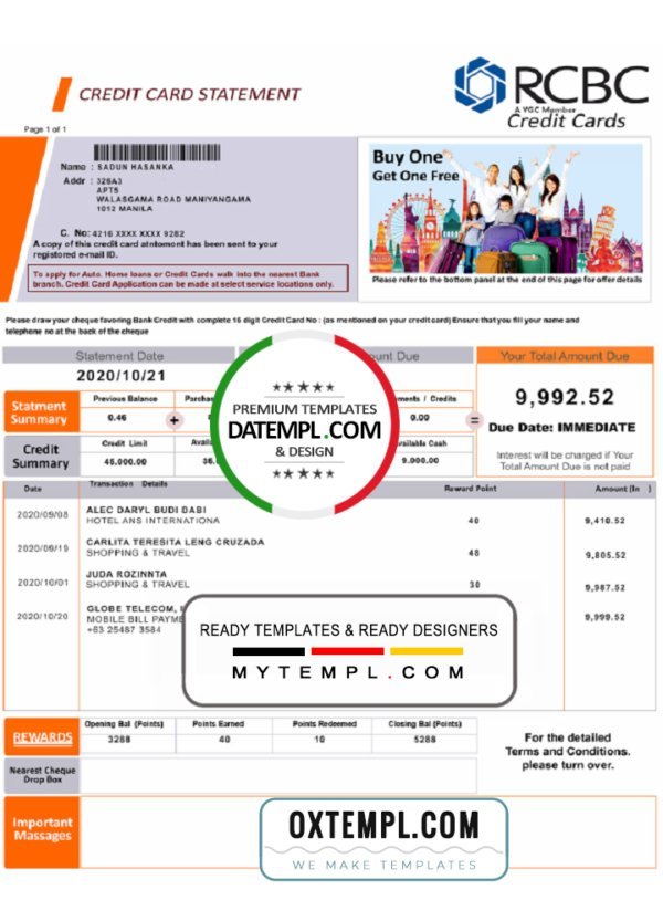 Philippines Rizal Commercial Banking Corporation (RCBC) credit card statement template in Word and PDF  format