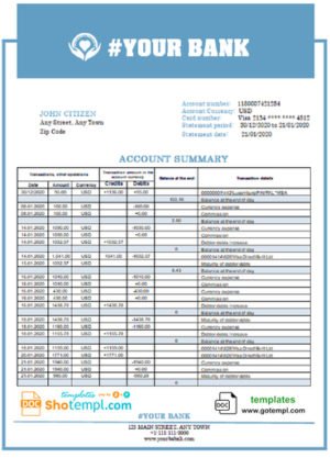reaction blue universal multipurpose bank statement template in Word format