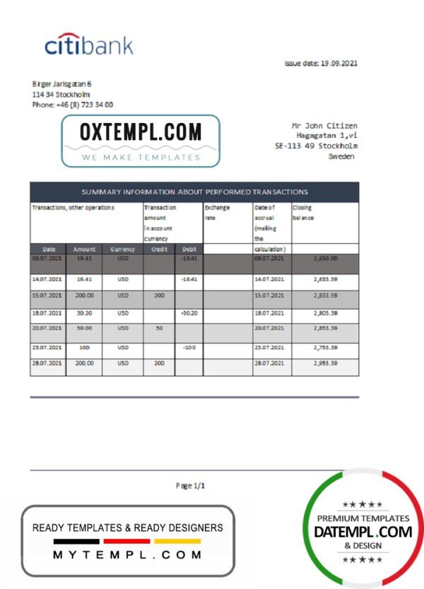 Sweden Citibank bank statement easy to fill template in Excel and PDF format