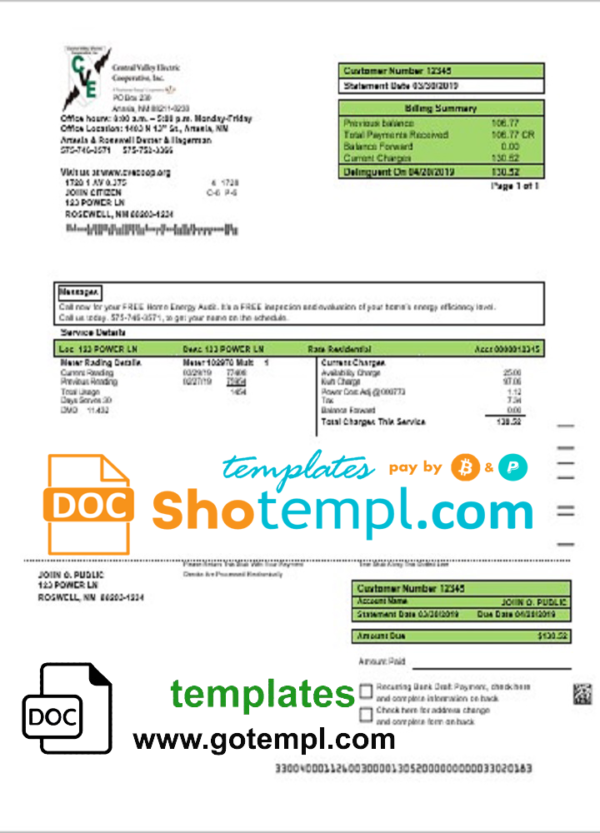 USA New Mexico electricity proof of address utility bill template in Word and PDF format