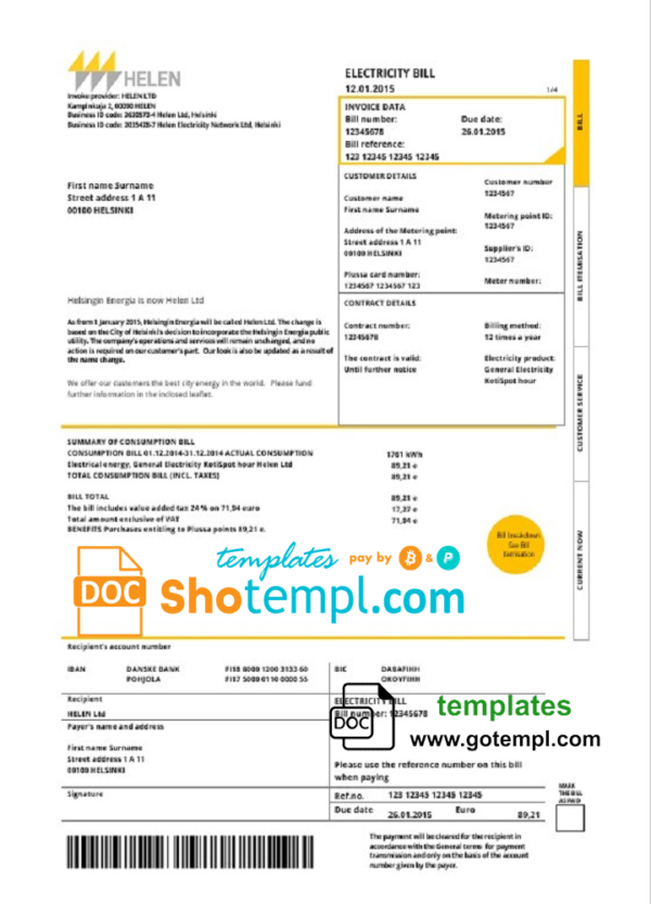 Finland HELEN utility bill template in Word and PDF format