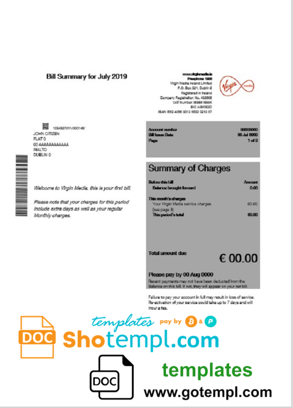 Ireland Virgin Media utility bill template editable in Word and PDF, version 1