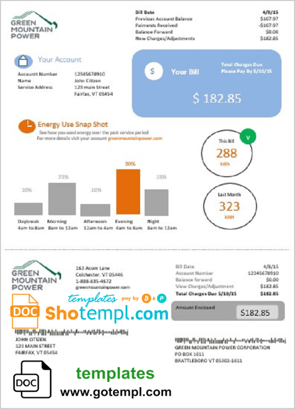 USA Vermont Green Mountain Power electricity utility bill in Word and PDF format