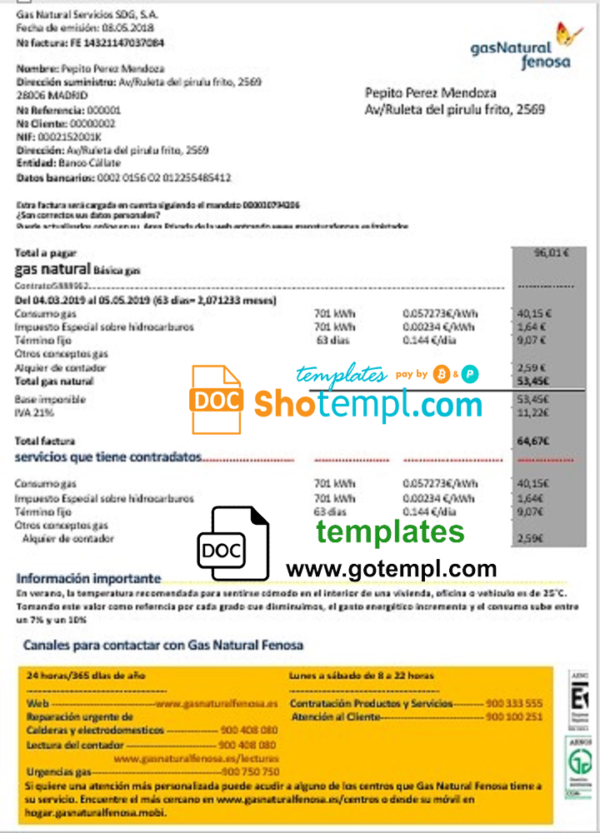 Spain gasNatural fenosa utility bill template in Word and PDF format