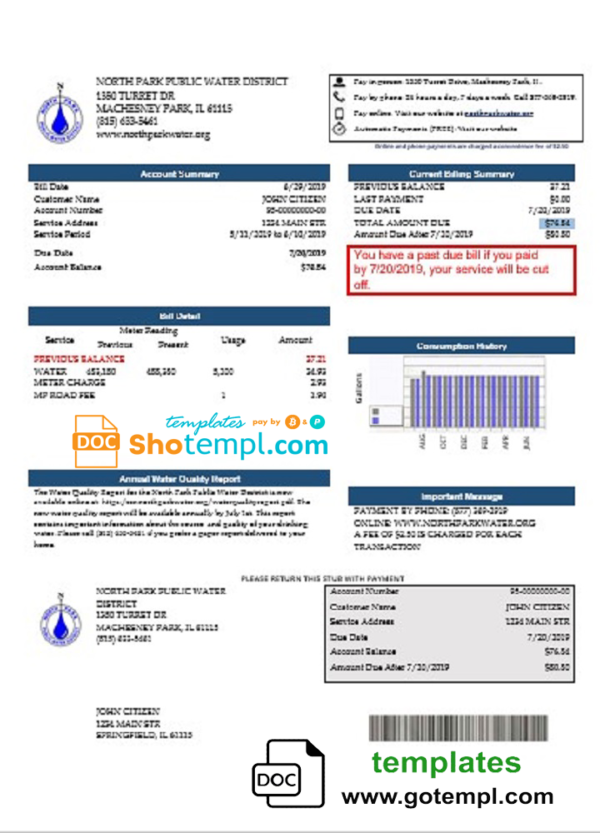 USA Illinois North Park Public Water District IL utility bill template in Word and PDF format