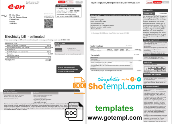 United Kingdom E.ON electricity utility bill template in Word and PDF format, 2 pages, version 1