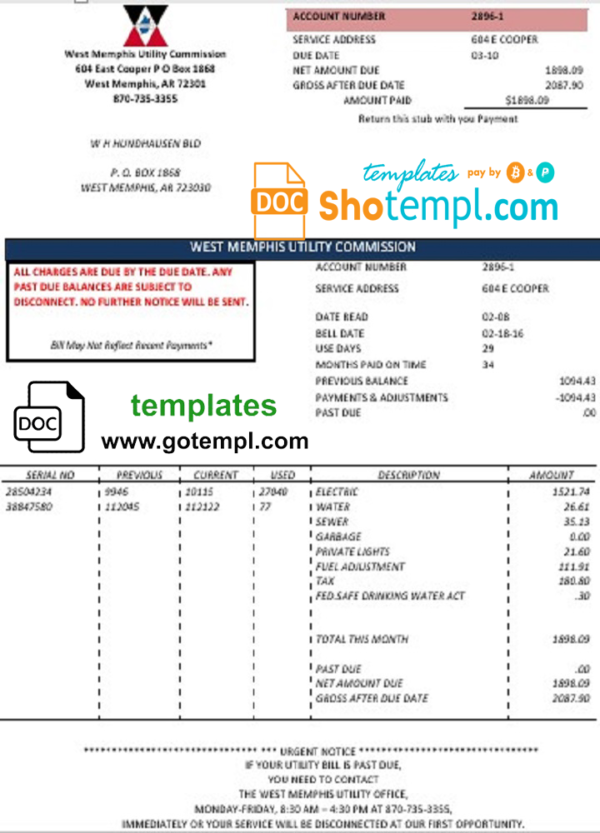 USA Arkansas West Memphis utility bill template in Word and PDF format