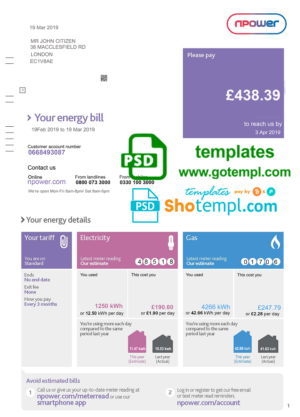 United Kingdom Npower utility bill template, fully editable in PSD format