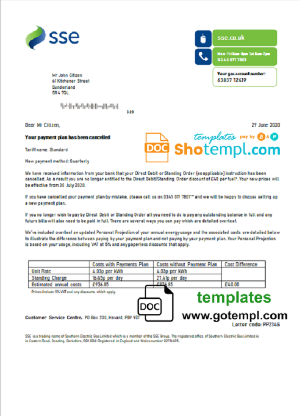 United Kingdom SSE Energy utility bill template in Word and PDF format, version 1