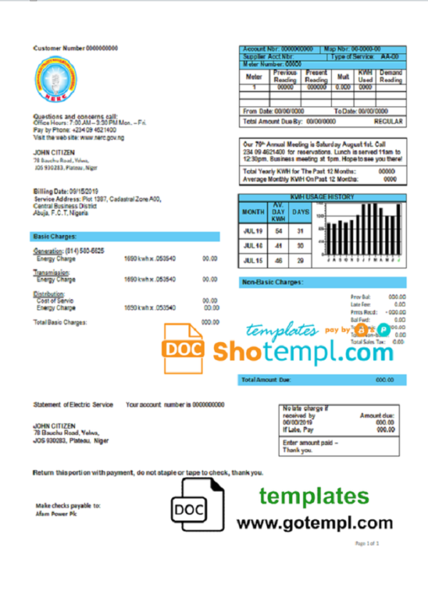 Nigeria Nigerian Electricity Regulatory Commission electricity utility bill template in Word and PDF format