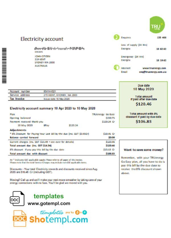 Australia Tru Energy electricity utility bill template in Word and PDF format