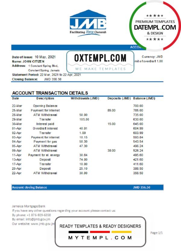 Jamaica Mortgage Bank statement easy to fill template in Excel and PDF format