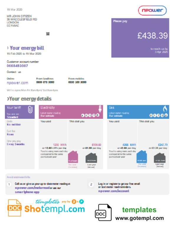 United Kingdom Npower utility bill template in Word and PDF format