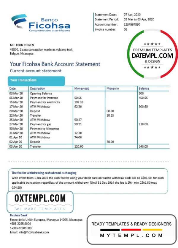 Nicaragua Banco Ficohsa bank proof of address statement template in Word and PDF format, .doc and .pdf format