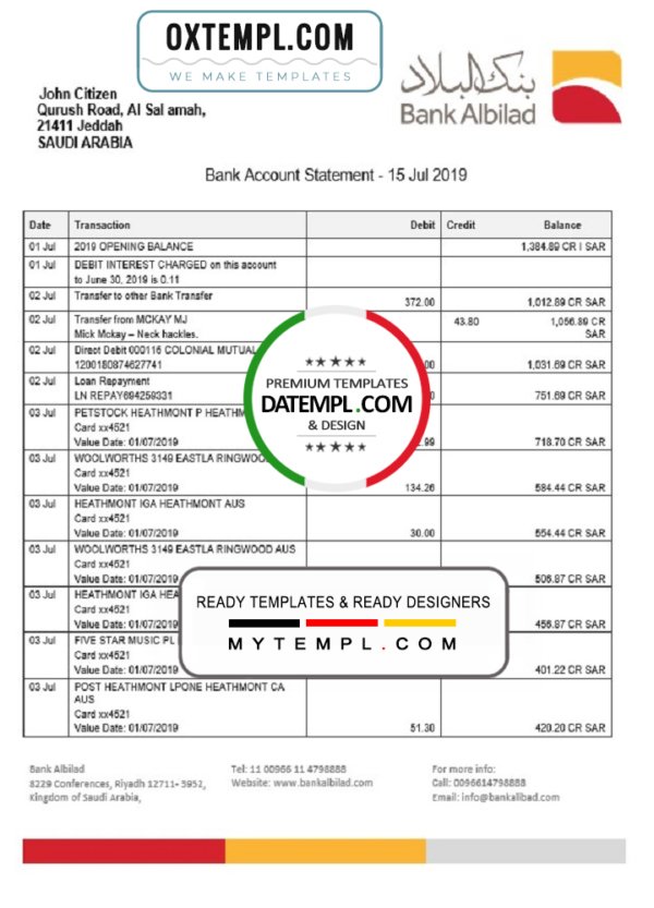 Saudi Arabia Bank Albilad bank statement template in Word and PDF format