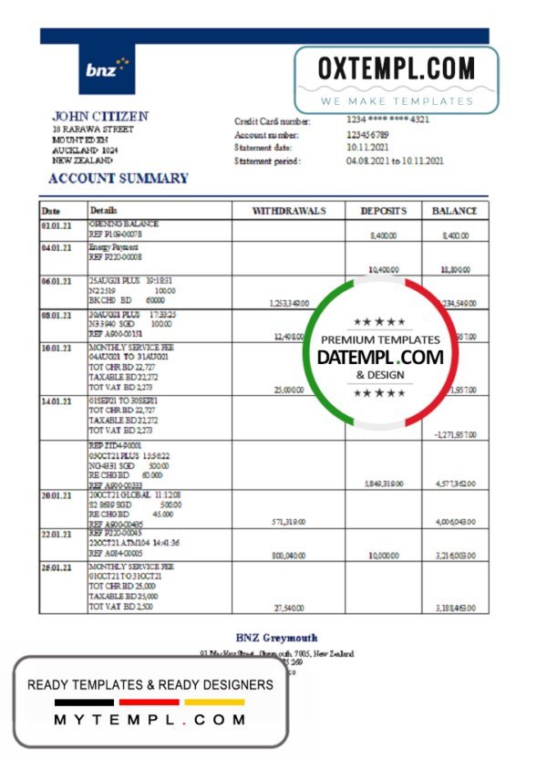 New Zealand BNZ Greymouth Bank statement easy to fill template in .xls and .pdf format