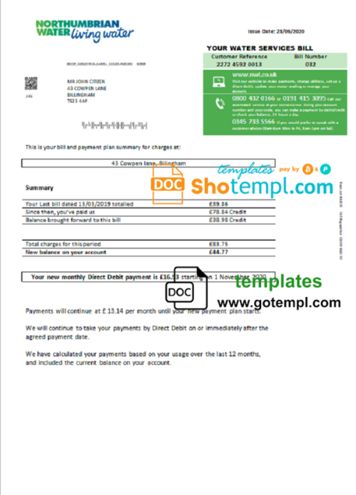 United Kingdom Northumbrian Water utility bill template in Word and PDF format, version 1