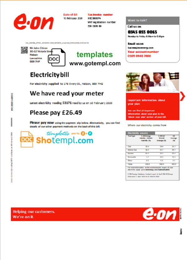 United Kingdom E.ON utility bill template in Word and PDF format, version 3