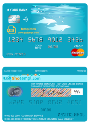 wander dolphins universal multipurpose bank mastercard debit credit card template in PSD format, fully editable