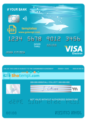 # wander dolphins universal multipurpose bank visa electron credit card template in PSD format, fully editable