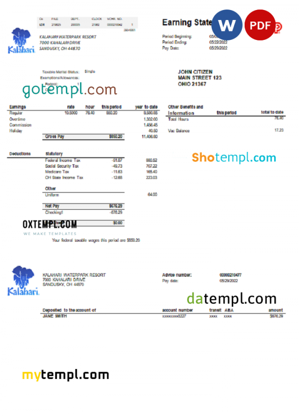 USA Ohio Kalahari Waterpark Resort utility bill template in Word and PDF format