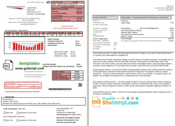 USA Wyoming High West Energy utility bill in Word anf PDF format (2 pages)