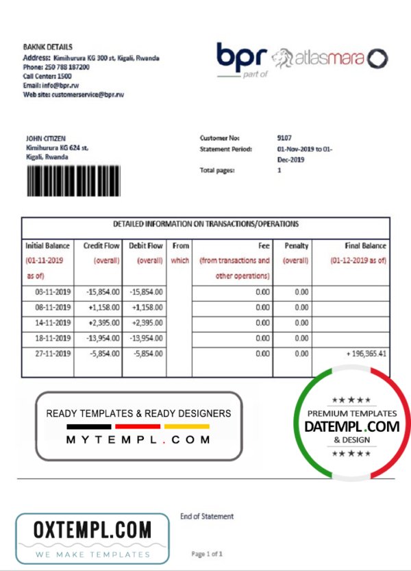 Rwanda BPR bank statement template in Word and PDF format