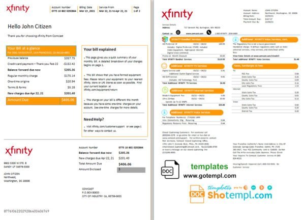 USA San Francisco Xfinity Comcast utility bill template in Word and PDF format (2 pages)