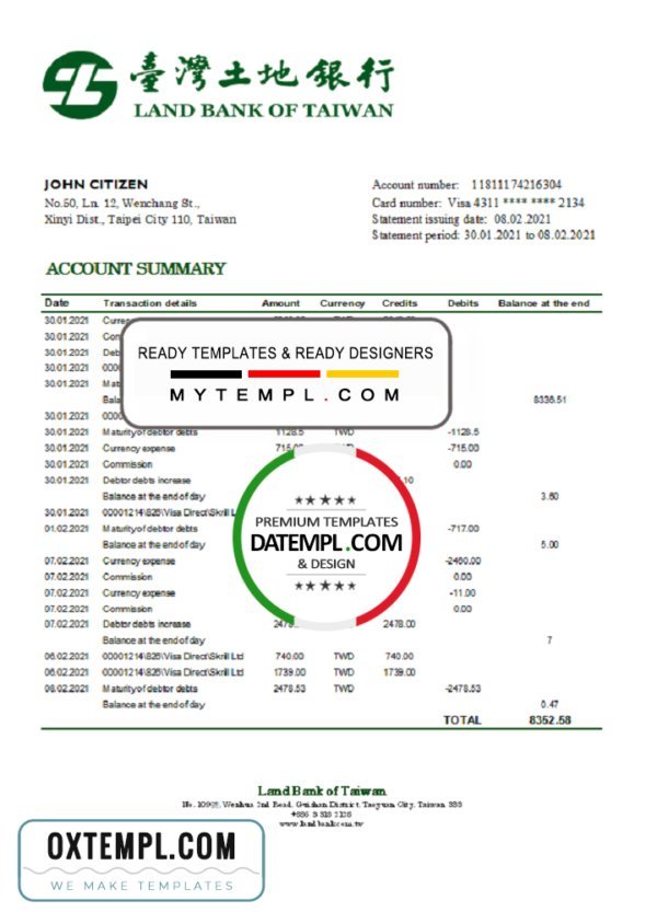 Taiwan Cooperative Bank statement template in Word and PDF format, good for address prove