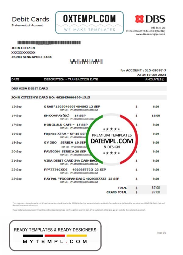 Singapore DBS bank proof of address statement template in .xls and .pdf format