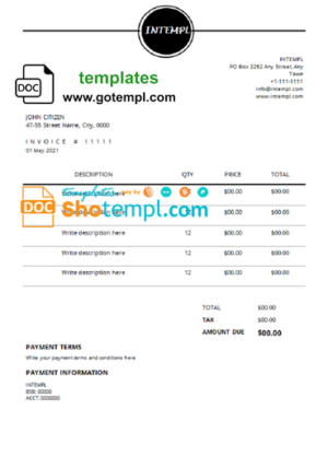 rare branding universal multipurpose professional invoice template in Word and PDF format, fully editable
