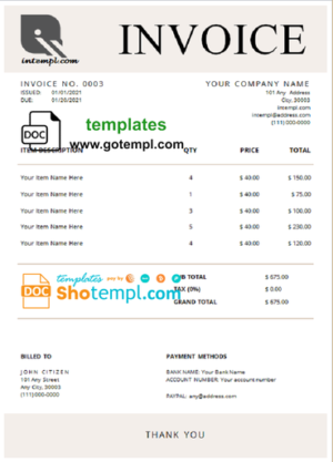 concept smart universal multipurpose professional invoice template in Word and PDF format, fully editable