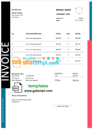 Construction Work Invoice template in word and pdf format