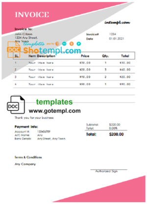 bloom clouds universal multipurpose tax invoice template in Word and PDF format, fully editable