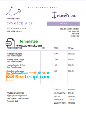 flash crow universal multipurpose professional invoice template in Word and PDF format, fully editable