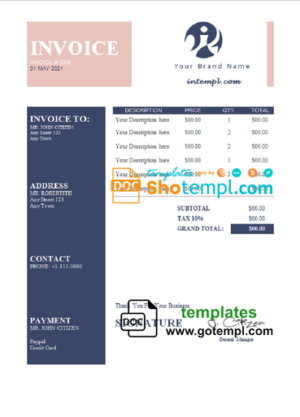 good fixed universal multipurpose tax invoice template in Word and PDF format, fully editable