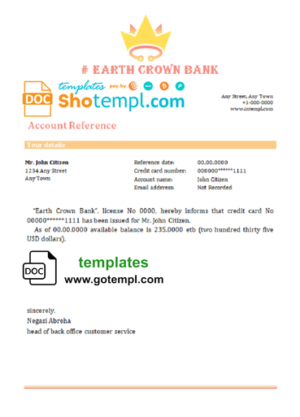 earth crown bank universal multipurpose bank account reference template in Word and PDF format