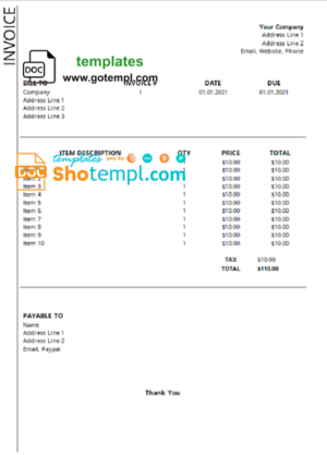 # swarming blue universal multipurpose invoice template in Word and PDF format, fully editable