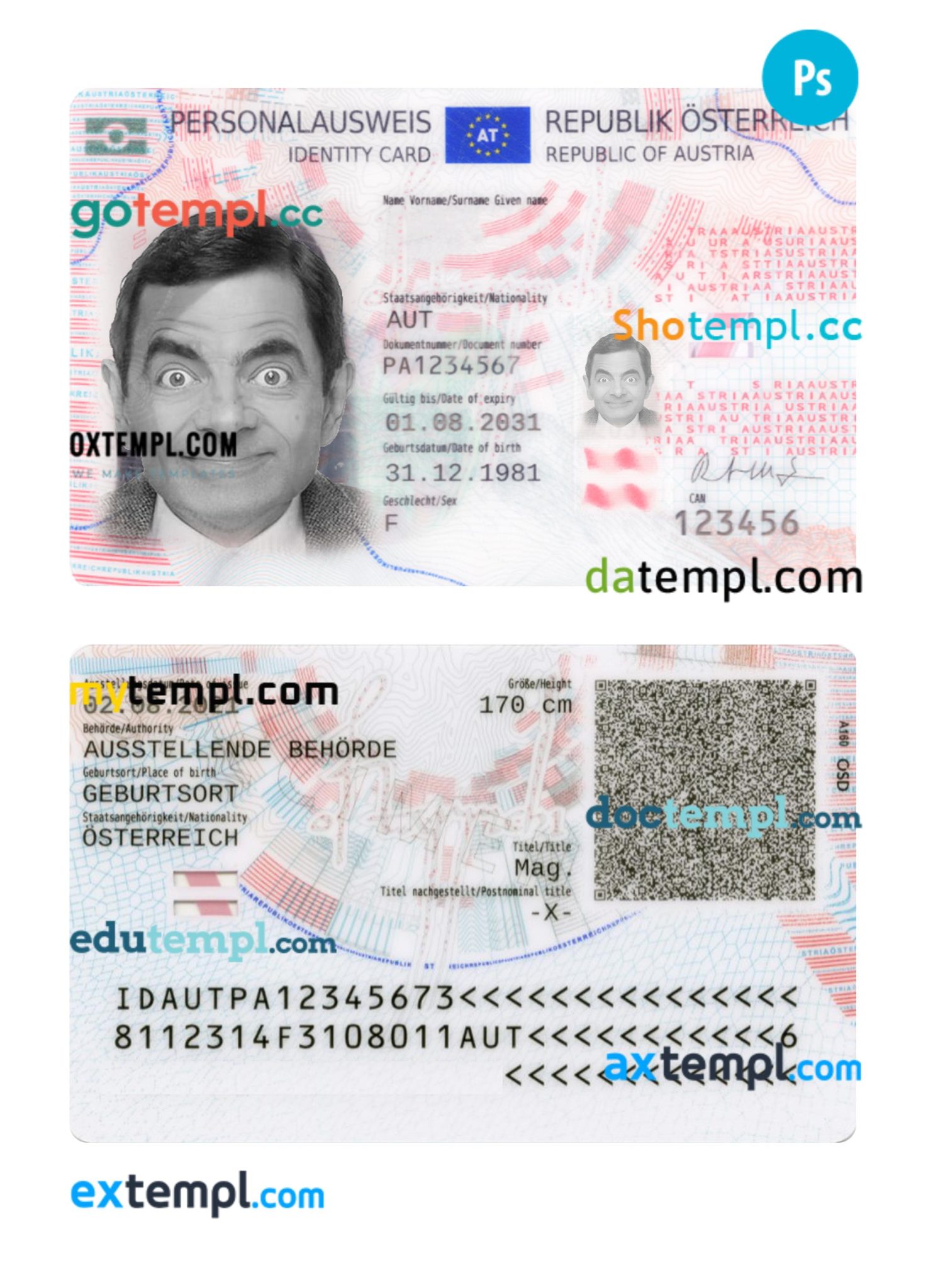 Austria ID template in PSD format, fully editable, 2021-present ...