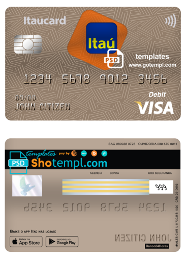 Brazil Itaú bank visa card debit card template in PSD format, fully editable