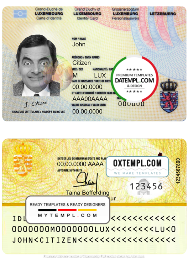 Luxembourg ID template in PSD format