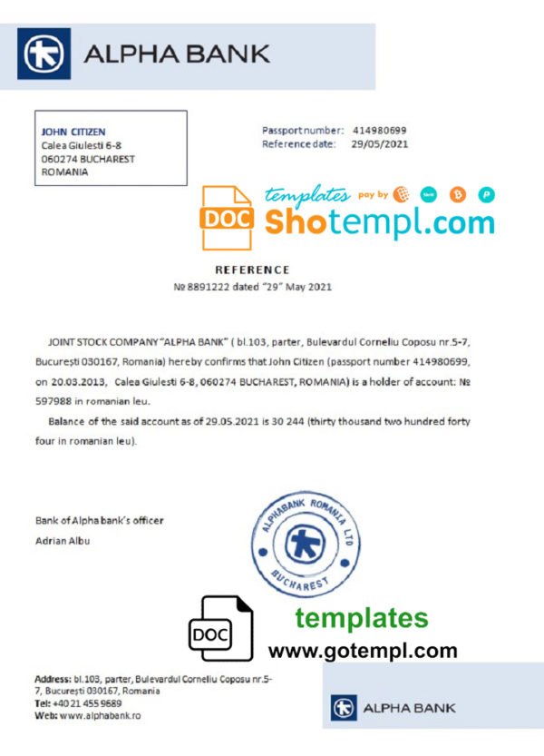 Romania Alpha Bank bank account reference letter template in Word and PDF format
