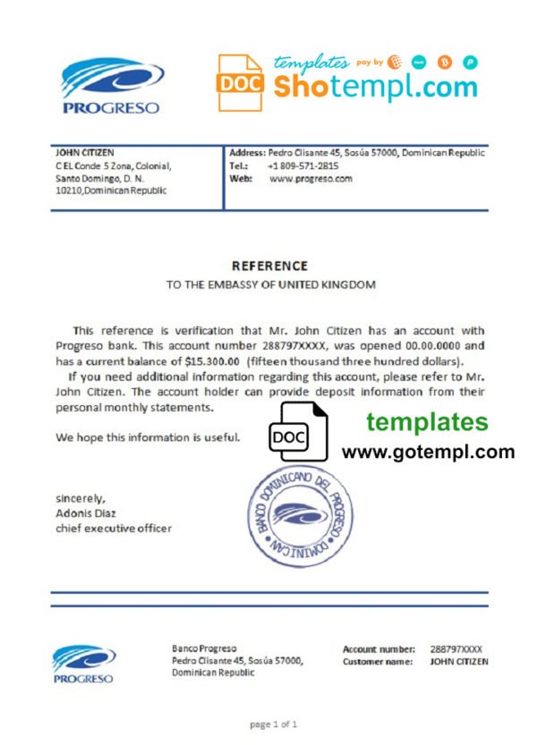 Dominican Republic Banco Progreso bank account balance reference letter template in Word and PDF format