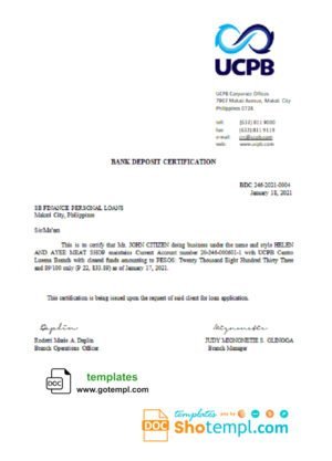 Philippines UCPB bank deposit certification letter in Word and PDF format