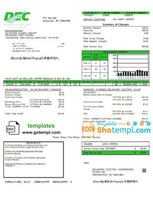 USA Delaware Electric Co-op utility bill template in Word and PDF format