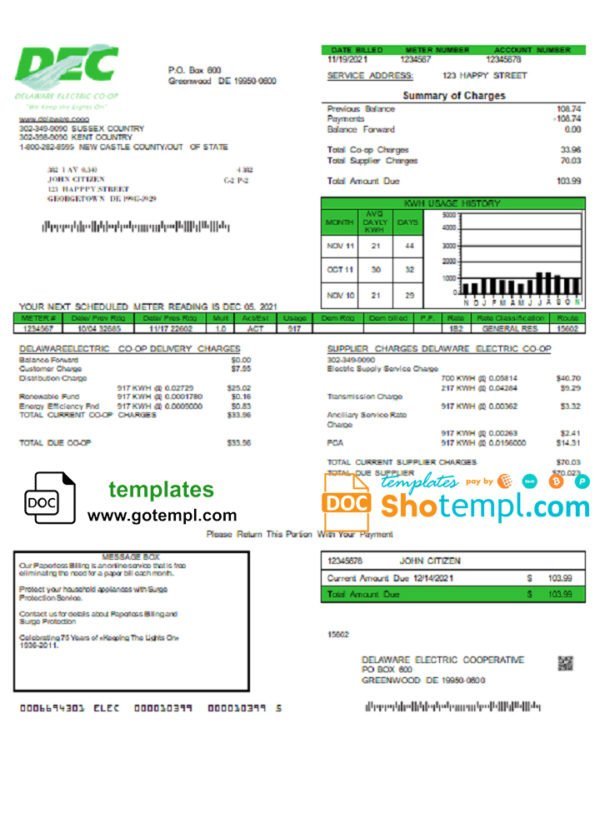 USA Delaware Electric Co-op utility bill template in Word and PDF format