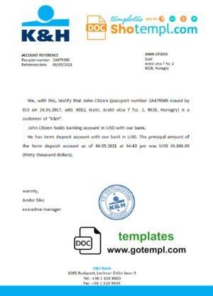 Hungary K&H bank reference letter template in Word and PDF format