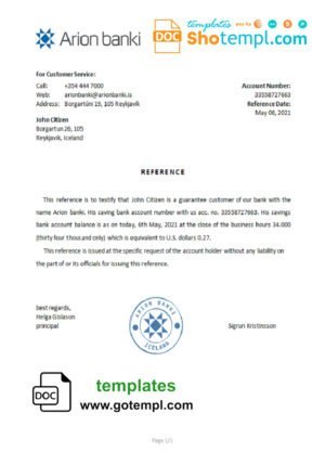 Iceland Arion bank reference letter template in Word and PDF format